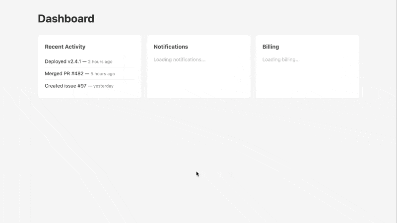 Dashboard with three frames: activity loads successfully, notifications shows HTTP error state, billing shows network error state, clicking retry re-fetches
